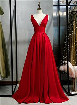 Picture of Red Color Satin Deep V-neckline Prom Gown, Red Color Floor Length Evening Gown